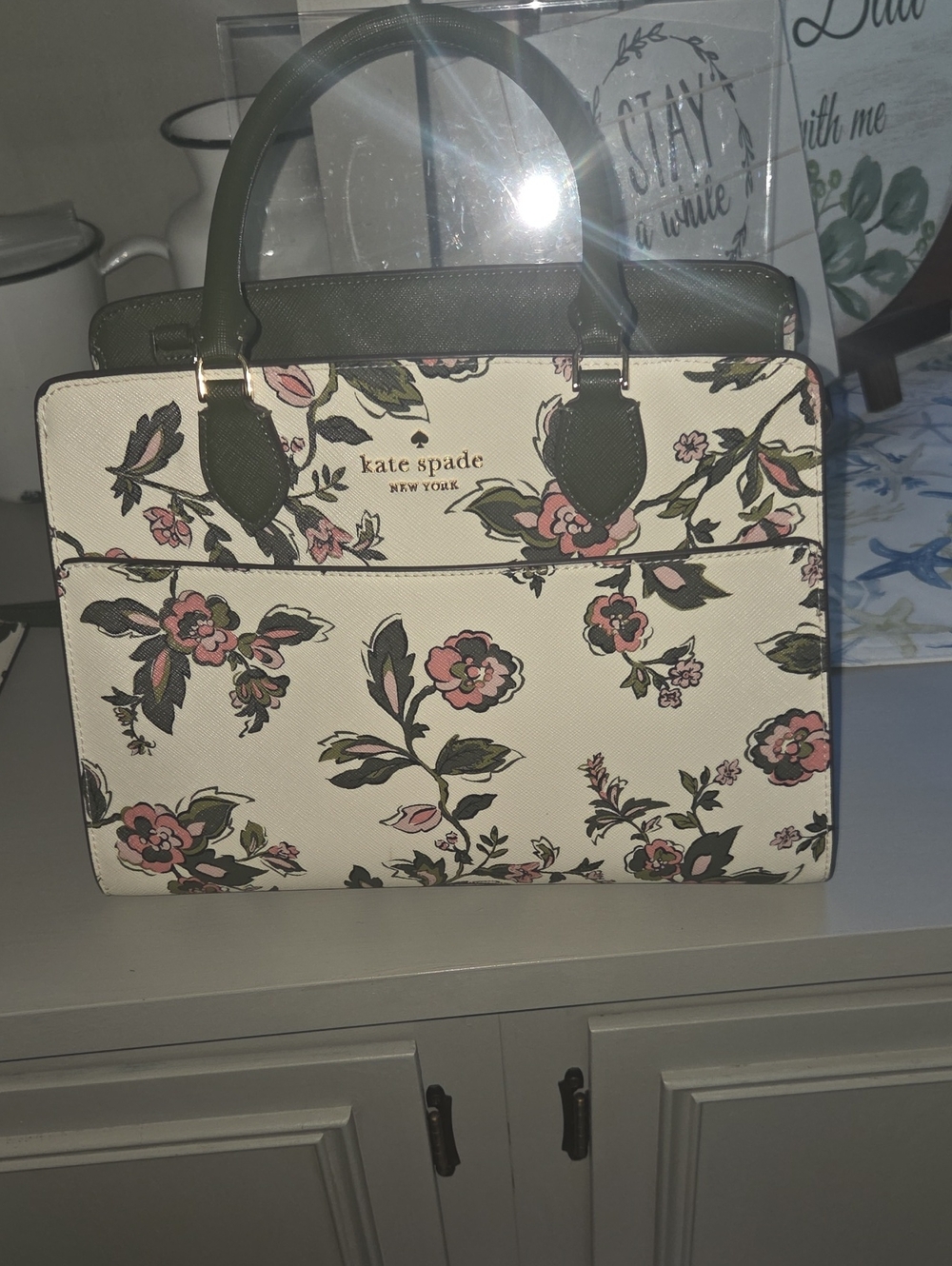 kate spade Cream Floral Satchel with Pink and Green Accents